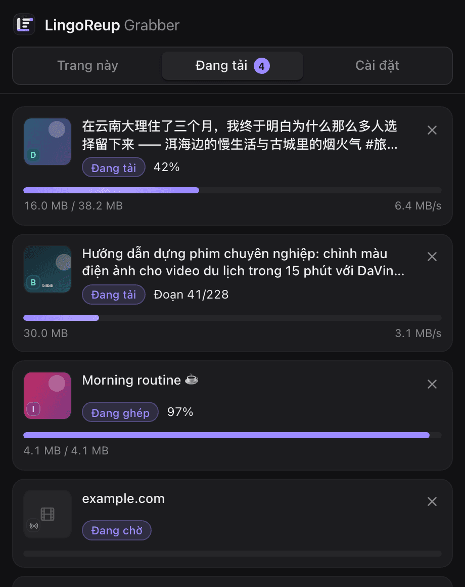 LingoReup Grabber Downloads tab with several videos downloading, merging and queued