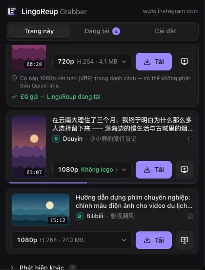 LingoReup Grabber confirming the video was sent to the LingoReup app, which is now downloading it