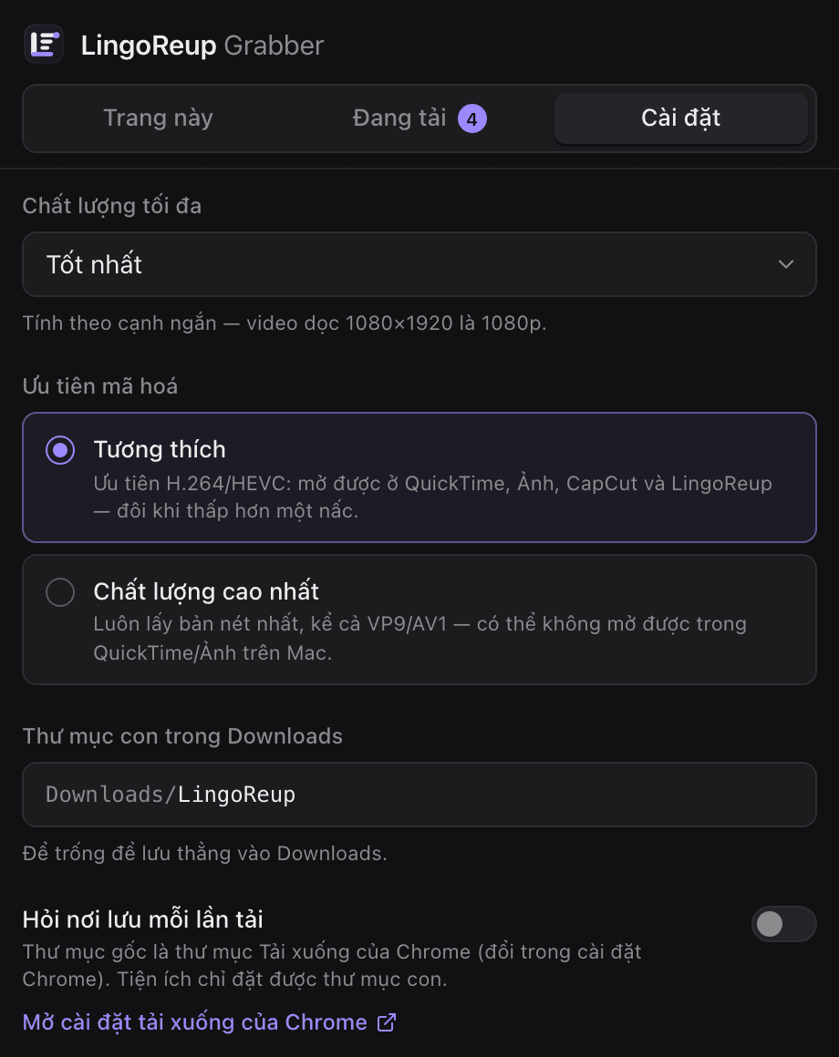 LingoReup Grabber Settings tab: maximum quality, Compatible encoding preference and a subfolder in Downloads